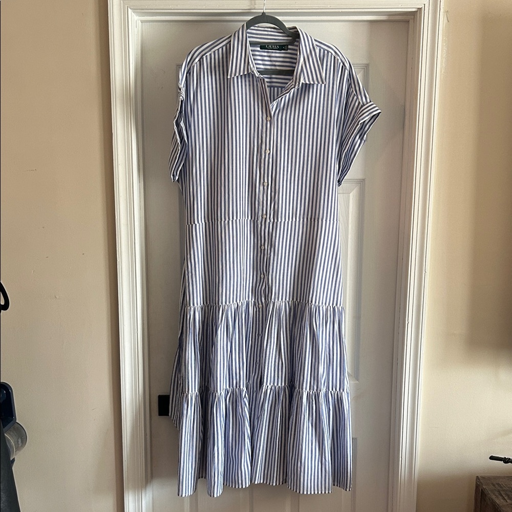 Lauren Ralph Lauren Striped Blue & White Tiered Shirt Dress - Picture 2 of 9